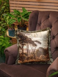 Luxus Designer Deko Kissen mit Fransen Palmen Landschaft Mehrfarbig Grün Luxury Designer Decorative Pillow with Fringes Palm Trees Landscape Multicolor Green