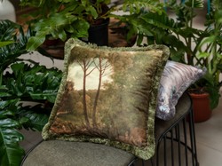 Luxus Designer Deko Kissen mit Fransen Palmen Landschaft Mehrfarbig Grün Luxury Designer Decorative Pillow with Fringes Palm Trees Landscape Multicolor Green