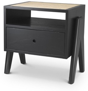 Casa Padrino mesita de noche de lujo negro / natural 58 x 45 x A. 55,5 cm - Mesa auxiliar de madera maciza con tejido de ratán - Muebles de dormitorio de lujo