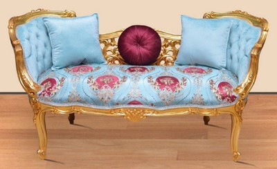 Casa Padrino banc baroque bleu clair / multicolore / or 150 x 55 x H. 80 cm - Magnifique banc en bois massif avec motif floral noble - Mobilier Baroque