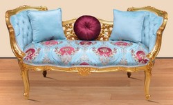 Casa Padrino banc baroque bleu clair / multicolore / or 150 x 55 x H. 80 cm - Magnifique banc en bois massif avec motif floral noble - Mobilier Baroque