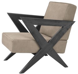 Casa Padrino poltrona di lusso in vera pelle beige / nero 63 x 79 x A. 76 cm - Poltrona da soggiorno con pregiata pelle di bufalo - Mobili di Lusso