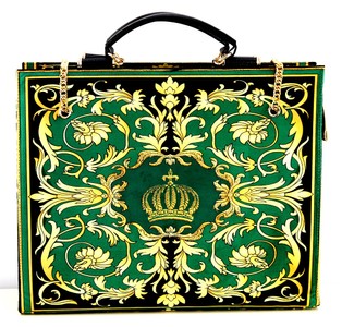 Pompöös by Casa Padrino Luxus Damen Handtasche Baroque Flowers mit Krone und Strass Steinen Grün / Schwarz / Gold 43 x H. 43 cm - designed by Harald Glööckler