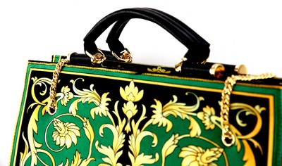 Pompöös by Casa Padrino Luxus Damen Handtasche Baroque Flowers mit Krone und Strass Steinen Grün / Schwarz / Gold 43 x H. 43 cm - designed by Harald Glööckler