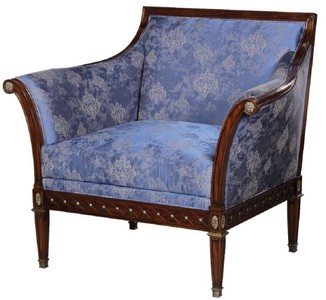 Casa Padrino luxury Art Nouveau armchair blue / brown / antique brass 112 x 89 x H. 100 cm - Noble mahogany living room armchair with elegant damask pattern - Baroque & Art Nouveau Living Room Furniture