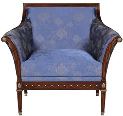Casa Padrino luxury Art Nouveau armchair blue / brown / antique brass 112 x 89 x H. 100 cm - Noble mahogany living room armchair with elegant damask pattern - Baroque & Art Nouveau Living Room Furniture