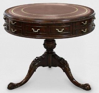 Casa Padrino table d'appoint baroque de luxe marron / or Ø 91 x H. 76 cm - Table ronde en acajou avec 14 tiroirs et cuir véritable - Mobilier baroque en acajou