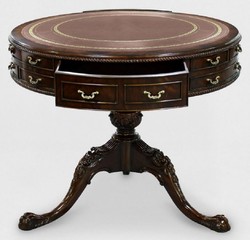 Casa Padrino tavolino barocco di lusso marrone / oro Ø 91 x A. 76 cm - Tavolo rotondo in mogano con 14 cassetti e vera pelle - Mobili in mogano barocco