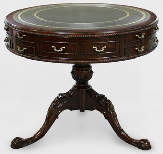 Casa Padrino table d'appoint baroque de luxe marron / vert / or Ø 91 x H. 76 cm - Table ronde en acajou avec 14 tiroirs et cuir véritable - Mobilier baroque en acajou