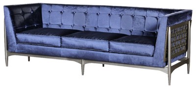 Casa Padrino canapé 3 places Art Déco de luxe bleu / gris 250 x 76 x H. 83 cm - Canapé en velours noble avec structure en acajou - Mobilier de Salon Art Déco