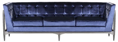 Casa Padrino Luxus Art Deco 3er Sofa Blau / Grau 250 x 76 x H. 83 cm - Edles Samt Sofa mit Mahagoni Rahmen - Art Deco Wohnzimmer Möbel