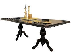 Casa Padrino conjunto de comedor barroco de lujo negro / oro - 1 Mesa de comedor con tapa de vidrio y 6 sillas de comedor - Muebles de comedor nobles en estilo barroco