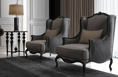 Casa Padrino Luxus Barock Ohrensessel Grau / Dunkelgrau / Schwarz 78 x 80 x H. 108 cm - Edler Wohnzimmer Sessel im Barockstil - Barock Wohnzimmer Möbel