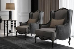 Barock Antik Stil Wohnzimmer Sessel Ohrensessel Grau Dunkelgrau Schwarz Baroque Antique Style Living Room Armchair Gray Dark Gray Black
