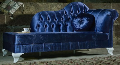 Luxus Barock Samt Chaiselongue Blau Weiß Luxury Baroque Velvet Chaise Longue Blue White