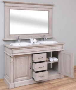 Casa Padrino Landhausstil Badezimmer Set Grau - 1 Doppelwaschtisch & 2 Waschbecken & 2 Wasserhähne & 1 Wandspiegel - Massivholz Badezimmermöbel im Landhausstil
