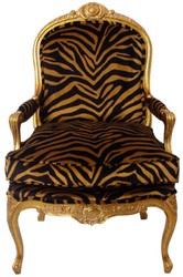 Casa Padrino fauteuil baroque de luxe or / noir / or 69 x 77 x H. 108 cm - Fauteuil de salon en acajou noble avec motif tigre élégant - Mobilier Baroque