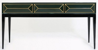 Casa Padrino consola Art Deco de lujo negro / verde / oro 180 x 49 x A. 92 cm - Consola de madera maciza con 3 cajones en óptica 3D - Mobiliario Art Deco