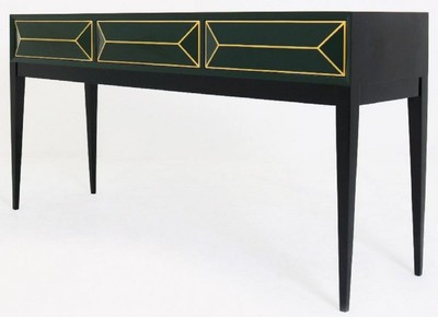 Casa Padrino Luxus Art Deco Konsole Schwarz / Grün / Gold 180 x 49 x H. 92 cm - Massivholz Konsolentisch mit 3 Schubladen in 3D Optik - Art Deco Möbel