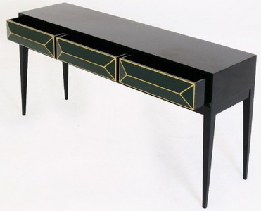 Casa Padrino Luxus Art Deco Konsole Schwarz / Grün / Gold 180 x 49 x H. 92 cm - Massivholz Konsolentisch mit 3 Schubladen in 3D Optik - Art Deco Möbel