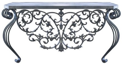 Casa Padrino consola Art Nouveau de lujo gris 150 x 45 x A. 90 cm - Mesa consola de hierro forjado hecha a mano con tablero de metal - Muebles de Jardín de Patio de Sala de Estar