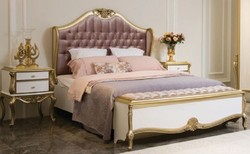 Casa Padrino luxury baroque bedroom set purple / pink / white / gold - 1 Double Bed with Headboard & 2 Bedside Tables - Baroque bedroom furniture - Noble & Magnificent