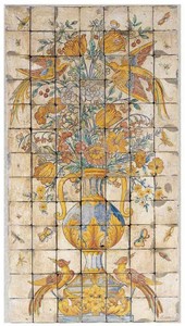 Casa Padrino pintura mural de decoración barroco de lujo jarrón con flores y pájaros multicolor 70 x A. 130 cm - Mosaicos de piedra natural hechos a mano y pintados a mano - Decoración paredes barrocos
