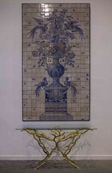 Casa Padrino pintura mural decoración barroco de lujo jarrón con flores y pájaros blanco / gris / azul 155 x A. 280 cm - Mosaicos de piedra natural hechos a mano y pintados a mano - Decoración Barrocos