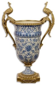 Casa Padrino baroque deco vase cream / blue / gold 40 x 24 x H. 60.3 cm - Magnificent porcelain flower vase with 2 noble bronze handles - Decorative accessories in baroque style