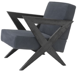 Casa Padrino Luxus Echtleder Sessel Blau / Schwarz 63 x 79 x H. 76 cm - Wohnzimmer Sessel mit edlem Büffelleder - Luxus Möbel