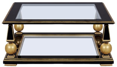 Casa Padrino mesa de centro Art Deco de lujo negro / oro 113 x 113 x A. 47 cm - Magnífica mesa de salón de madera maciza con tapas de vidrio - Muebles de Salón Art Deco