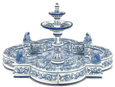 Casa Padrino fuente Art Nouveau de lujo blanco / azul 131 x 131 x A. 72 cm - Fuente de jardín de cerámica hecha a mano y pintada a mano - Accesorios de Decoración de Jardín Barroco y Art Nouveau