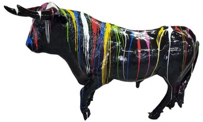 Wetterbeständige Designer Garten Deko Skulptur Figur Stier Schwarz Mehrfarbig Weatherproof Designer Garden Decoration Sculpture Figure Bull Black Multicolor