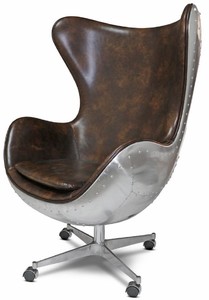 Casa Padrino genuine leather swivel armchair dark brown / silver 85 x 78 x H. 112 cm - Leather armchair in egg shape - Club armchair - Lounge armchair - Aluminum airplane aviator furniture