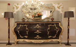 Luxus Barock Kommode mit Wandspiegel Dunkelbraun Gold Luxury Baroque Chest of Drawers with Wall Mirror Dark Brown Gold