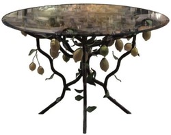 Casa Padrino tavolo da pranzo di lusso nero / giallo / verde Ø 120 x A. 75 cm - Tavolo forgiato a mano con piano in vetro e struttura a cespuglio di limone - Mobili da Giardino Terrazza Soggiorno