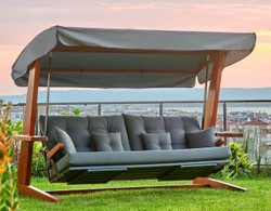 Casa Padrino Dondolo da Giardino di Lusso Grigio Antracite / Marrone 260 cm - Dondolo Moderno con Tettuccio e Funzione Letto