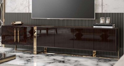 Casa Padrino luxury Art Deco TV cabinet dark brown high gloss / gold - Noble living room TV cabinet with 6 doors - Art Deco Furniture