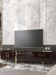 Casa Padrino Luxus Art Deco TV Schrank Dunkelbraun Hochglanz / Gold - Edler Wohnzimmer Fernsehschrank mit 6 Türen - Art Deco Möbel