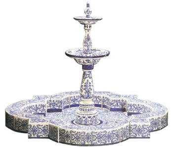 Casa Padrino fuente Art Nouveau de lujo blanco / azul 200 x 200 x A. 155 cm - Fuente de jardín de cerámica hecha a mano y pintada a mano - Accesorios de Decoración de Jardín Barroco y Art Nouveau