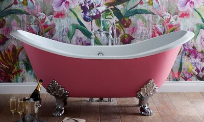 Casa Padrino bañera Art Nouveau de lujo rosa / blanco / plata 180 x 77 x A. 79 cm - Bañera curva independiente de hierro fundido - Mueble de Baño Barroco y Art Nouveau