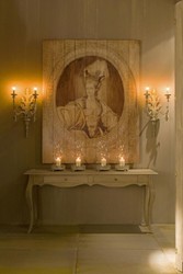 Casa Padrino Luxury Baroque Wall Painting Lady Gray / Green 150 x H. 190 cm - Handpainted Wood Painting - Baroque Wall Decoration - Noble & Magnificent