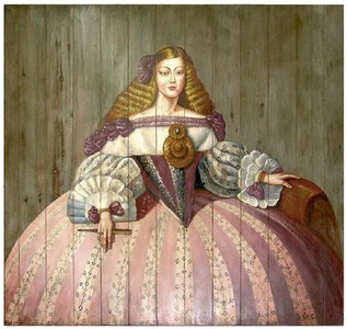 Casa Padrino Luxury Baroque Wall Painting Lady Multicolored 198 x H. 200 cm - Handpainted Wood Painting - Baroque Wall Decoration - Noble & Magnificent