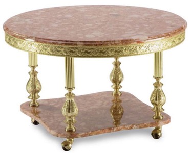 Casa Padrino tavolo soggiorno barocco di lusso rosa / oro Ø 80 x A. 43 cm - Tavolo da soggiorno rotondo in ottone con piano in marmo e ruote - Mobili da soggiorno barocco