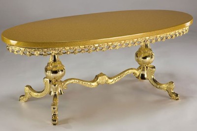 Casa Padrino tavolo soggiorno barocco di lusso oro 121 x 51 x A. 47 cm - Tavolo da soggiorno ovale in ottone con piano in legno massello - Mobili da soggiorno in stile barocco - Mobili nobili barocchi