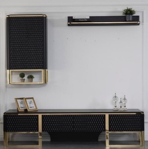 Casa Padrino luxury TV cabinet set black / gold 220 x 50 x H. 53 cm - 1 TV Cabinet & 1 Wall Cabinet & 1 Wall Shelf - Luxury living room furniture