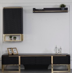Casa Padrino luxury TV cabinet set black / gold 220 x 50 x H. 53 cm - 1 TV Cabinet & 1 Wall Cabinet & 1 Wall Shelf - Luxury living room furniture