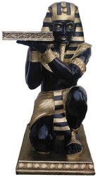 Casa Padrino Deco Sculpture Egyptian Pharaoh Black / Gold 42 x 54 x H. 90 cm - Weatherproof Egyptian Decoration Figure with Tray - Living Room Garden Terrace Side Table