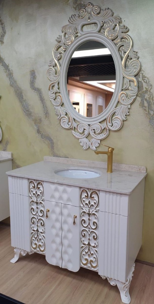 Casa Padrino set da bagno barocco bianco / oro - 1 Armadio del Lavandino con Piano in Marmo e Lavabo in Ceramica e 1 Specchio da Parete - Magnifico mobile da bagno barocco Casa Padrino set da bagno barocco bianco / oro - 1 Armadio del Lavandino con Piano in Marmo e Lavabo in Ceramica e 1 Specchio da Parete - Magnifico mobile da bagno barocco