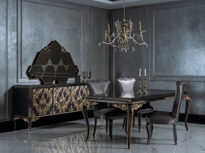 Casa Padrino Luxus Barock Möbel Set Sideboard mit Spiegel Blau / Schwarz / Gold - Edler Massivholz Schrank mit 4 Türen und elegantem Wandspiegel - Möbel im Barockstil